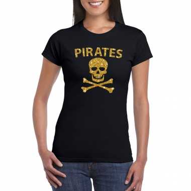 Piraten shirt / foute party verkleed kostuum / outfit goud glitter zwart dames t-shirt