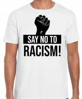 Zwart say no to racism demonstratie protest t shirt wit voor heren